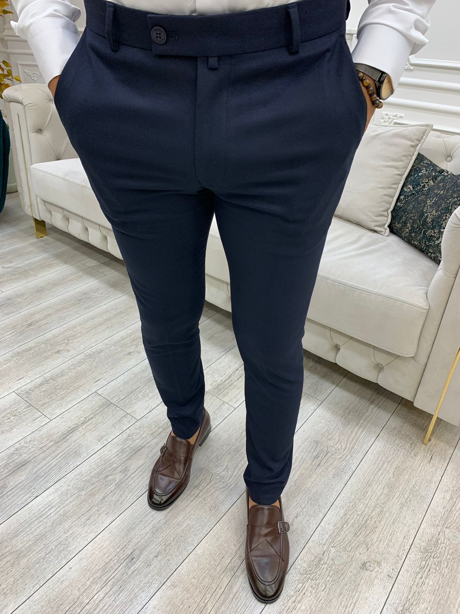 Buy Navy Blue Linen Elasticated Straight Formal Trouser Online | FableStreet